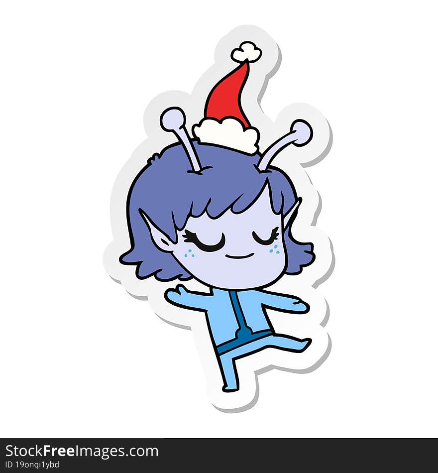 smiling alien girl hand drawn sticker cartoon of a wearing santa hat. smiling alien girl hand drawn sticker cartoon of a wearing santa hat