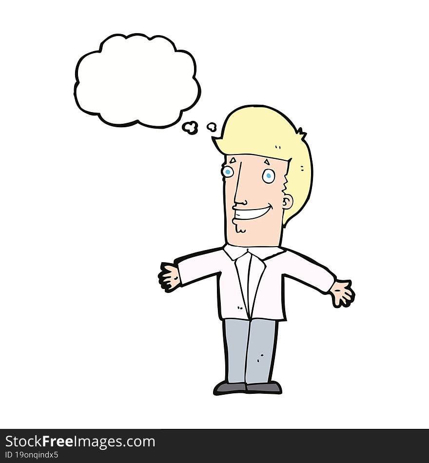 cartoon grining man with open arms with thought bubble