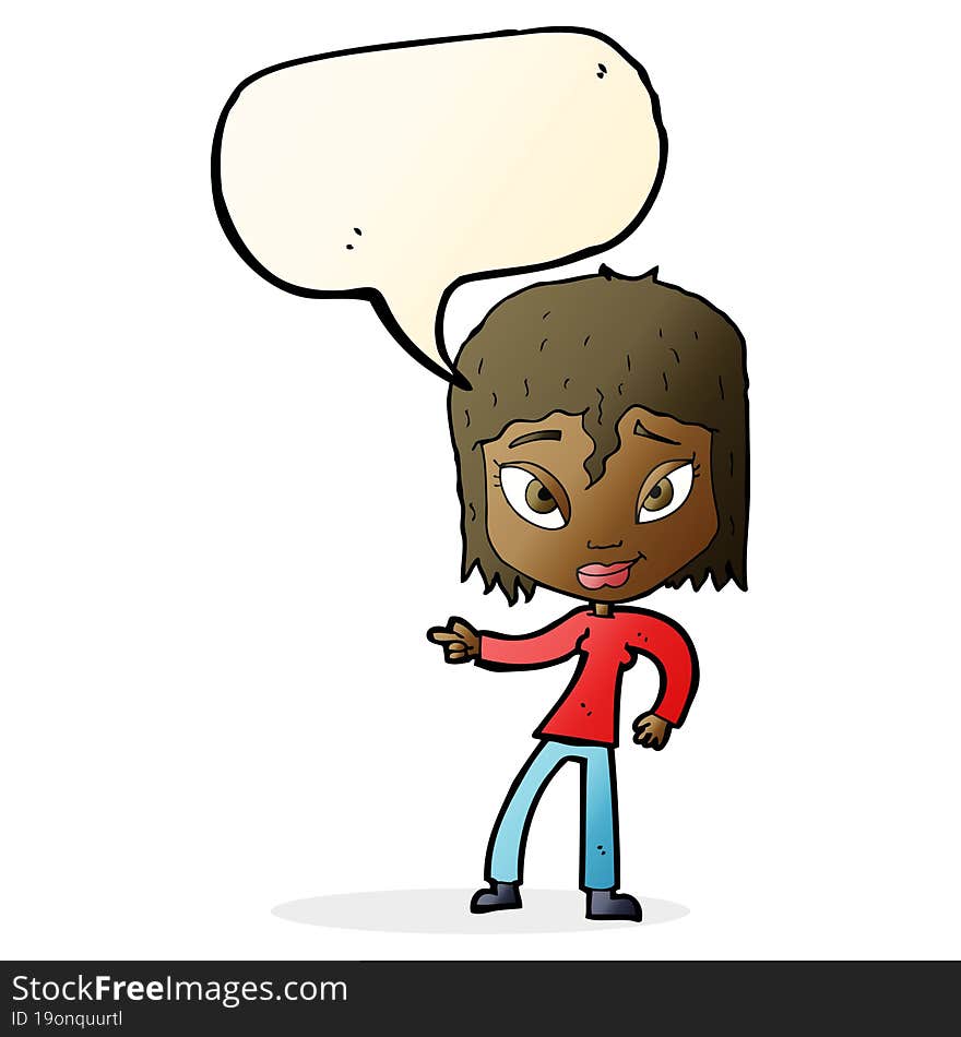 Cartoon Relaxed Woman Pointing With Speech Bubble