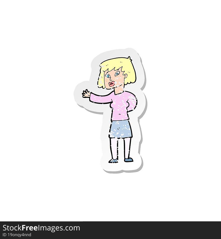 retro distressed sticker of a cartoon woman explaining