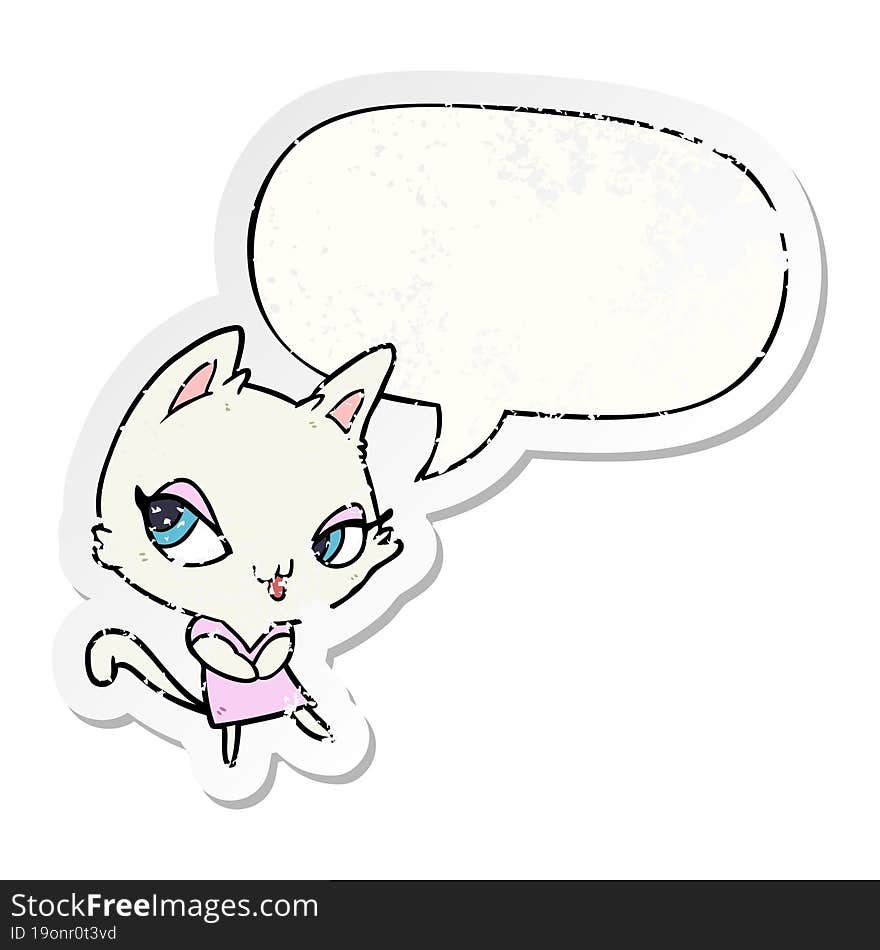 cute cartoon female cat and speech bubble distressed sticker