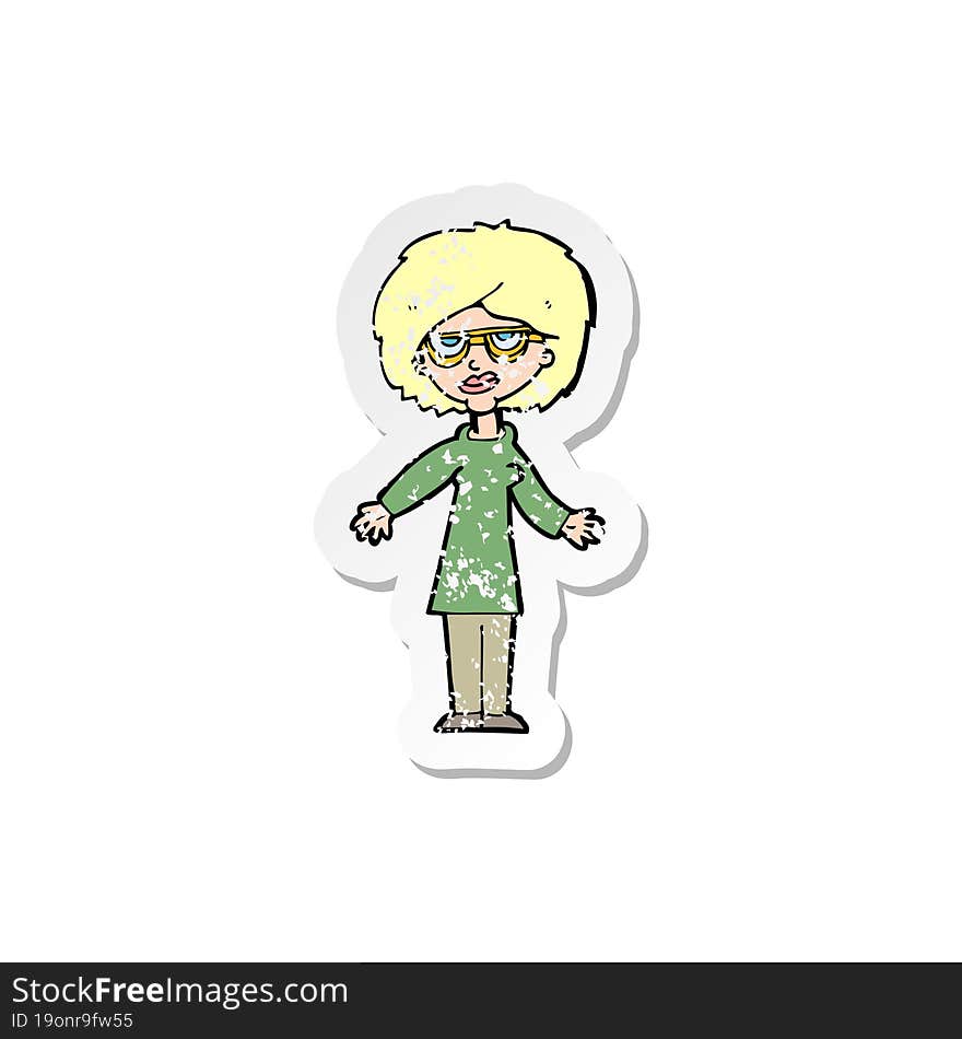 retro distressed sticker of a cartoon woman wearing glasses