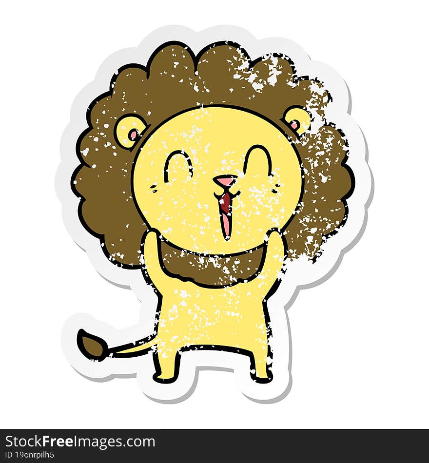 distressed sticker of a laughing lion cartoon