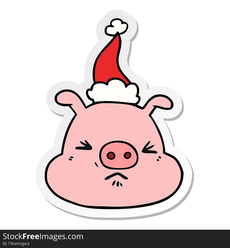 hand drawn sticker cartoon of a angry pig face wearing santa hat