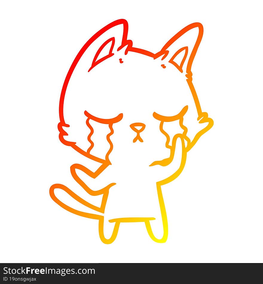 warm gradient line drawing of a crying cartoon cat