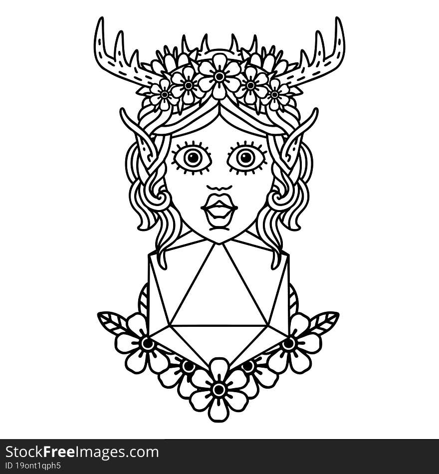 Black and White Tattoo linework Style elf druid character with nautral twenty dice roll. Black and White Tattoo linework Style elf druid character with nautral twenty dice roll