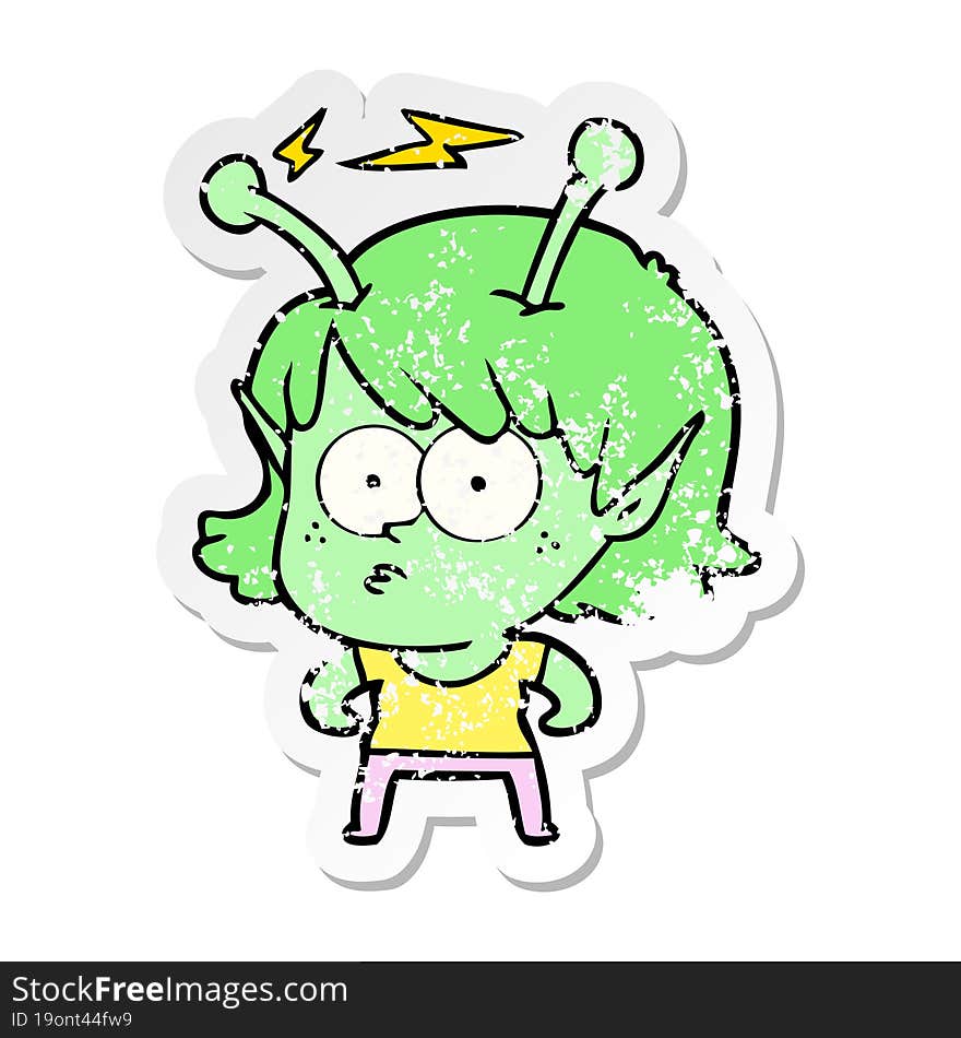 distressed sticker of a cartoon alien girl