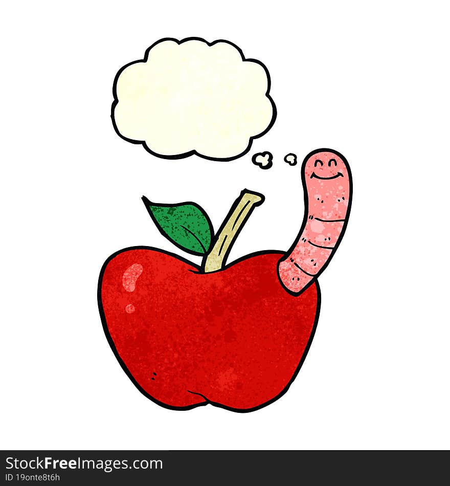 cartoon apple with worm with thought bubble