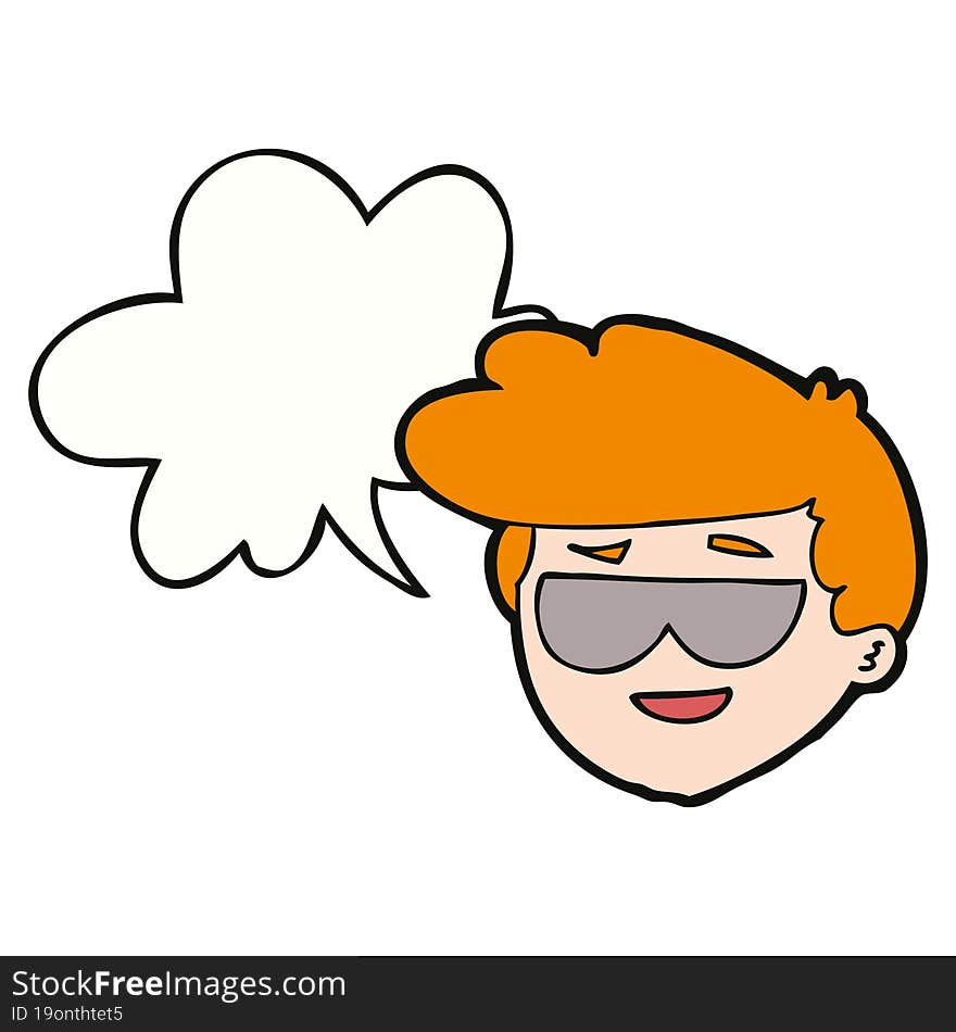 cartoon boy wearing sunglasses and speech bubble