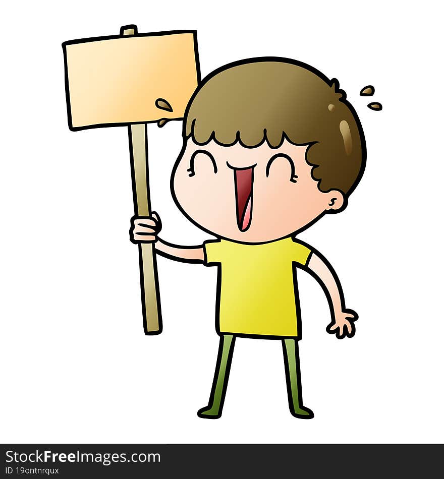 laughing cartoon man waving placard. laughing cartoon man waving placard