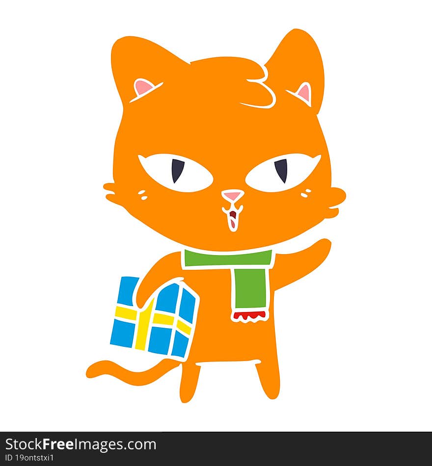 flat color style cartoon cat with a present