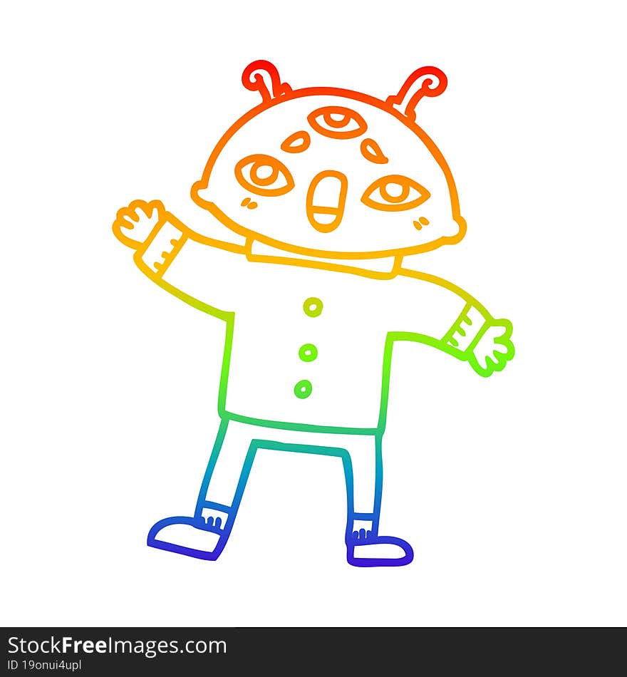 rainbow gradient line drawing of a cartoon alien man in sensible clothes