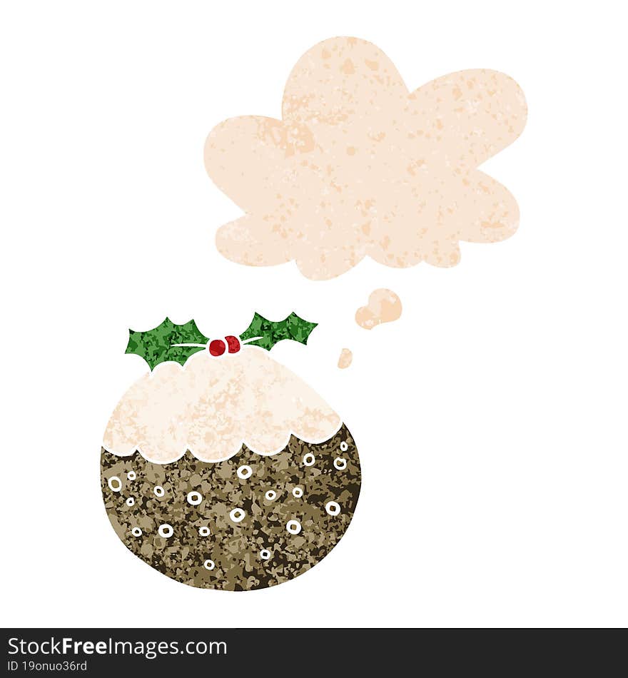 cartoon christmas pudding and thought bubble in retro textured style