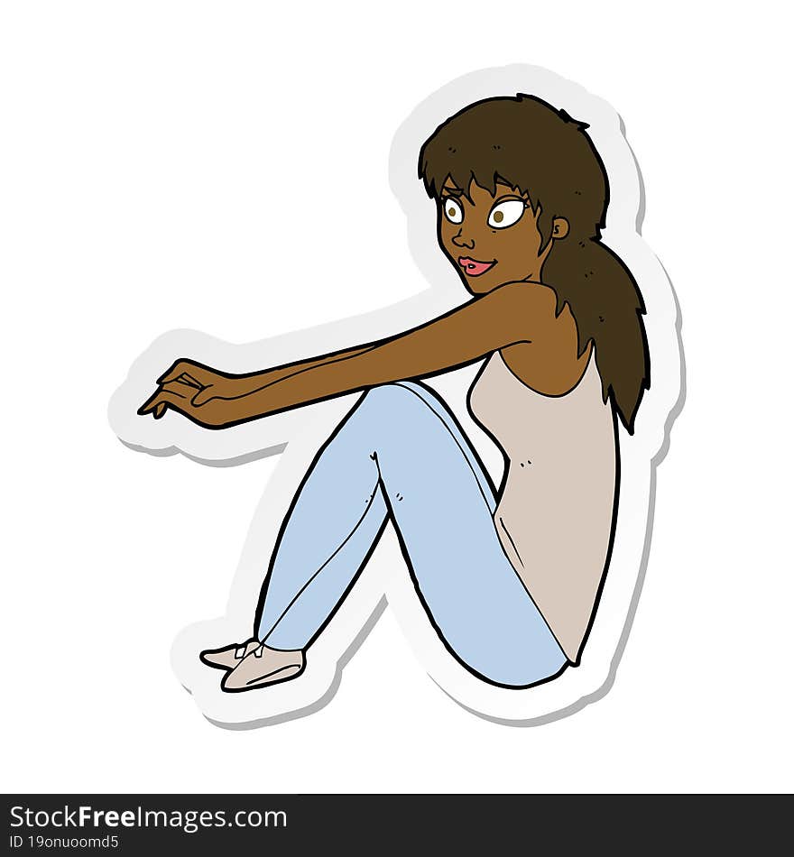 sticker of a cartoon happy woman sitting