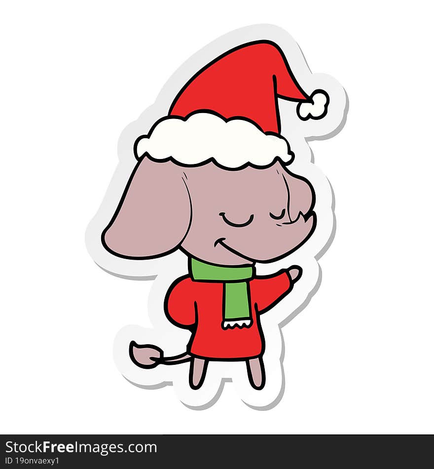 hand drawn sticker cartoon of a smiling elephant wearing scarf wearing santa hat