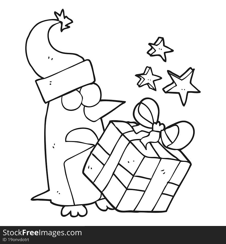 Black And White Cartoon Christmas Penguin With Present