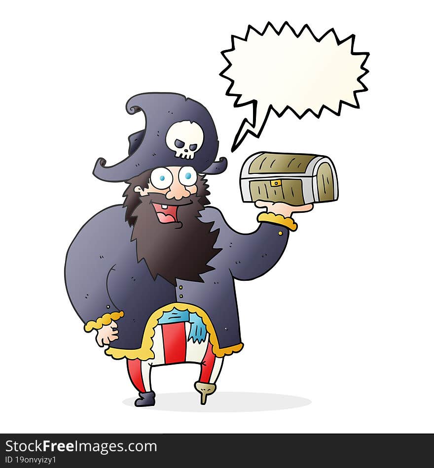 speech bubble cartoon pirate captain with treasure chest