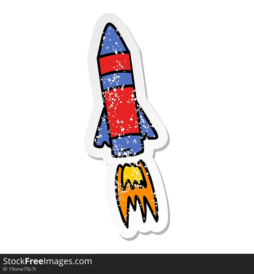 distressed sticker cartoon doodle of a space rocket