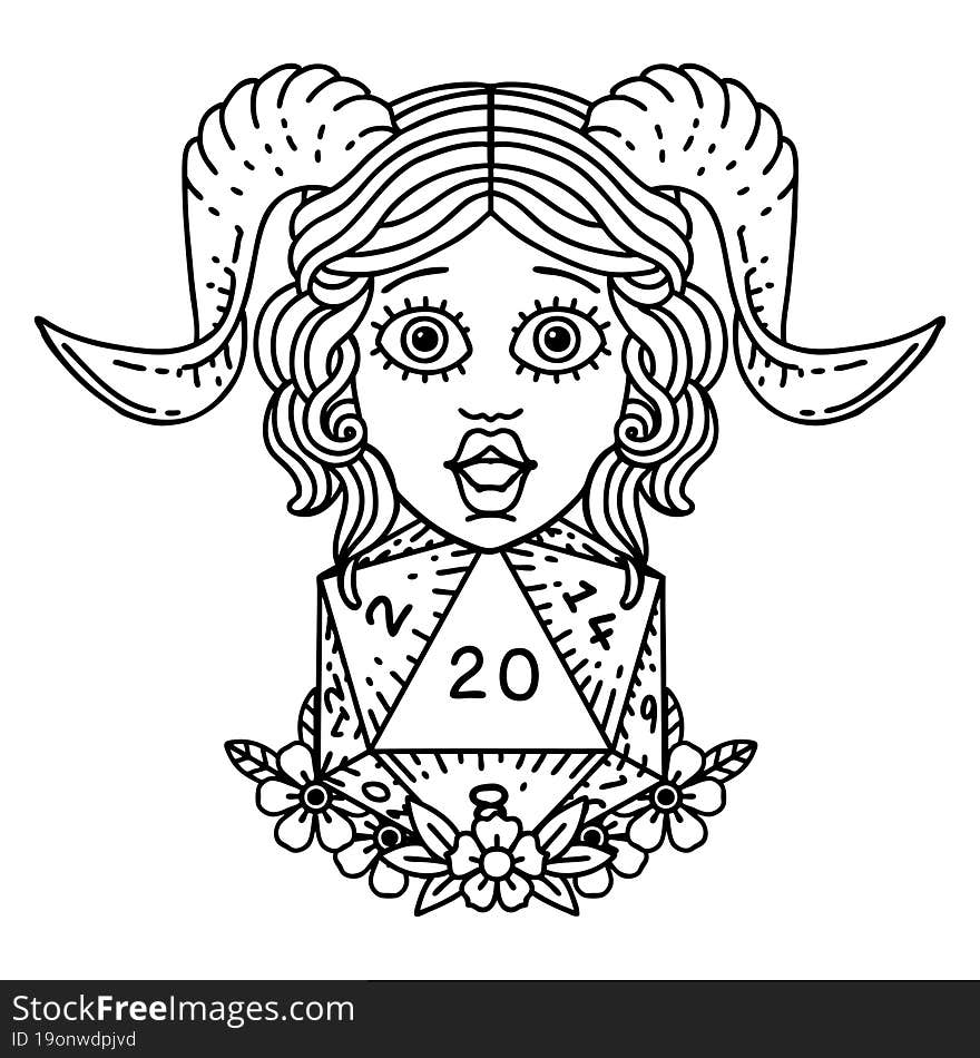 Black and White Tattoo linework Style tiefling with D20 natural twenty dice roll. Black and White Tattoo linework Style tiefling with D20 natural twenty dice roll