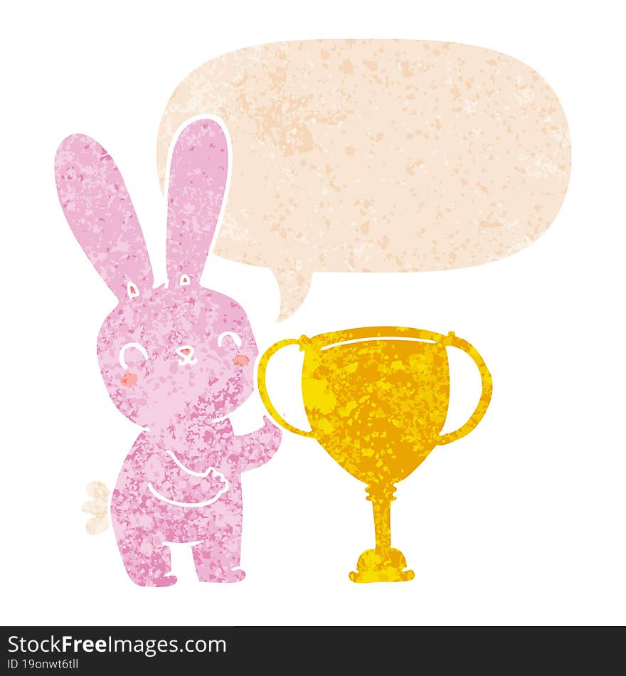 cute cartoon rabbit with sports trophy cup and speech bubble in retro textured style