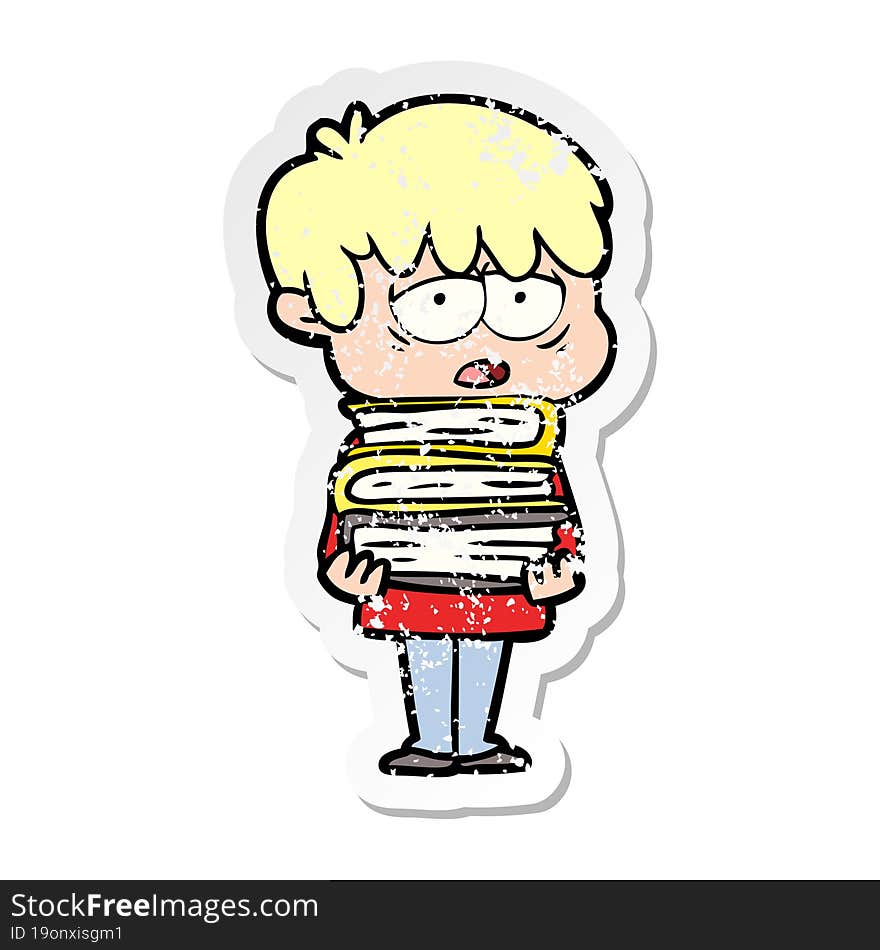 Distressed Sticker Of A Cartoon Exhausted Boy Holding Book