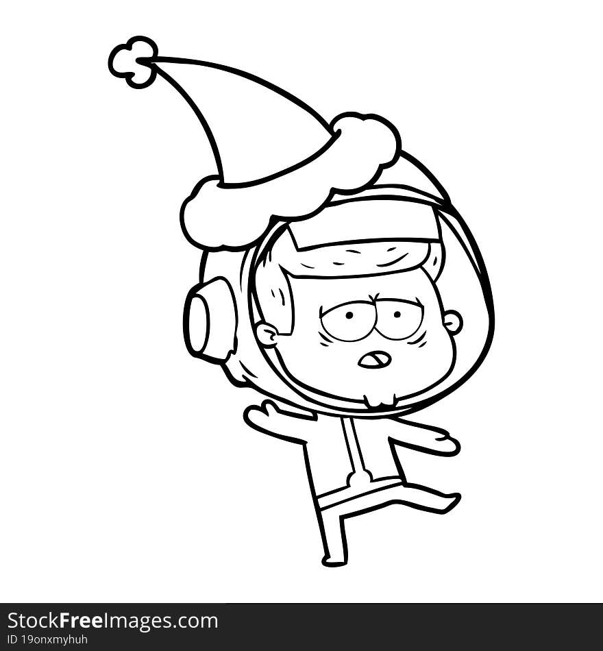 line drawing of a tired astronaut wearing santa hat