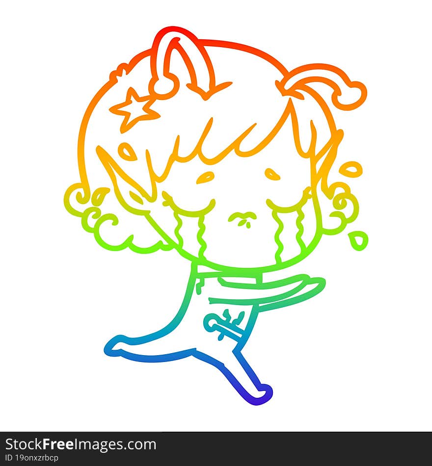 rainbow gradient line drawing cartoon crying alien girl