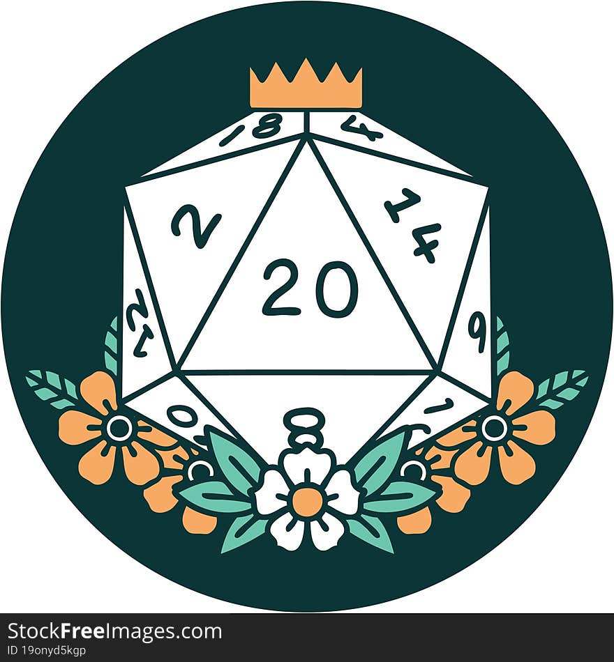 iconic tattoo style image of a d20. iconic tattoo style image of a d20