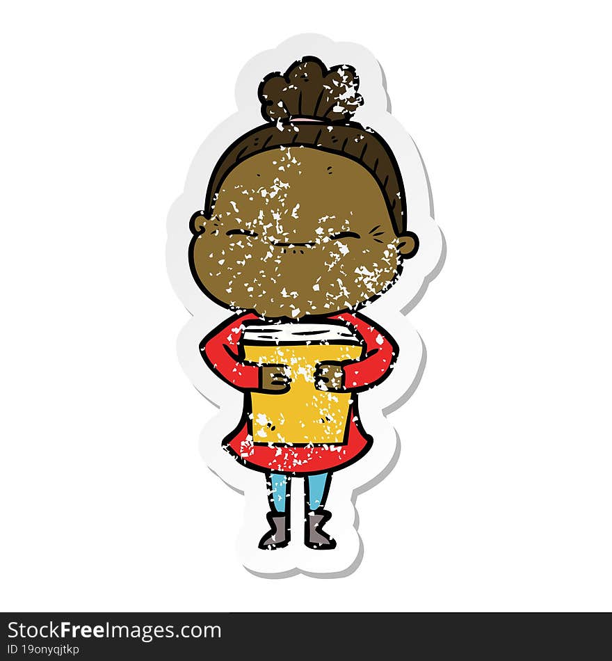 distressed sticker of a cartoon peaceful old woman