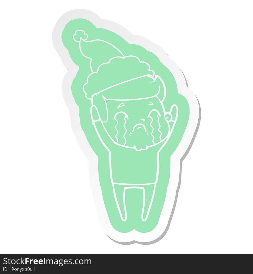 Cartoon  Sticker Of A Man Crying Wearing Santa Hat