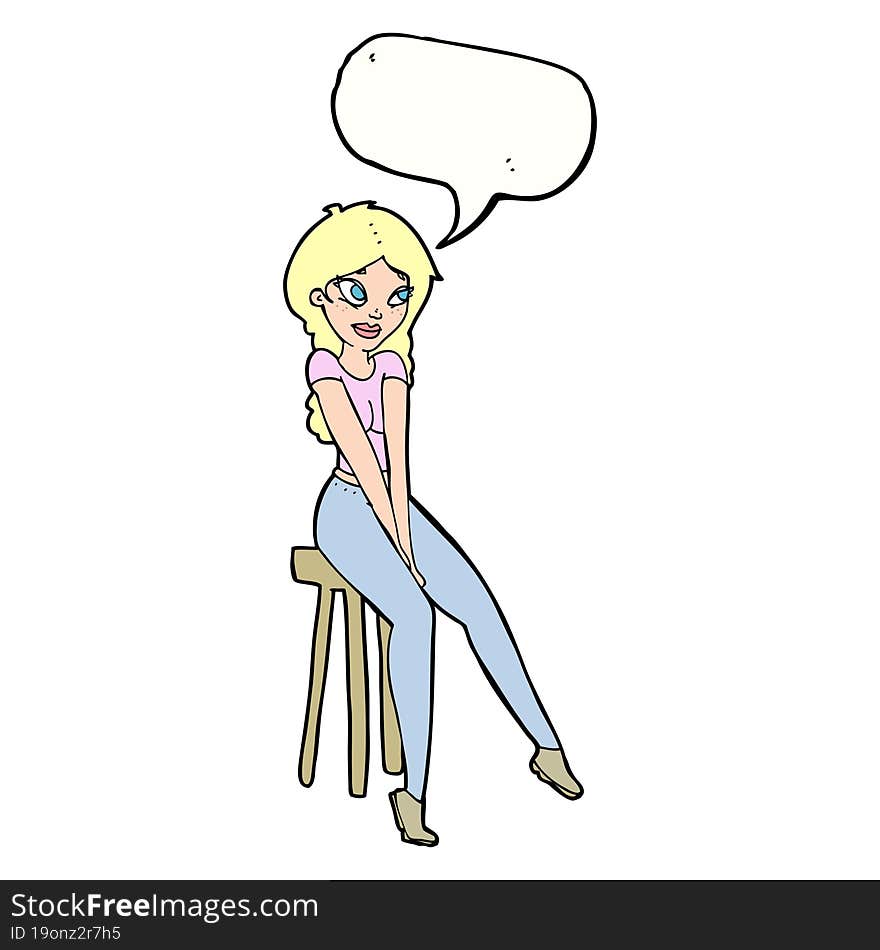 cartoon pretty girl on stool with speech bubble