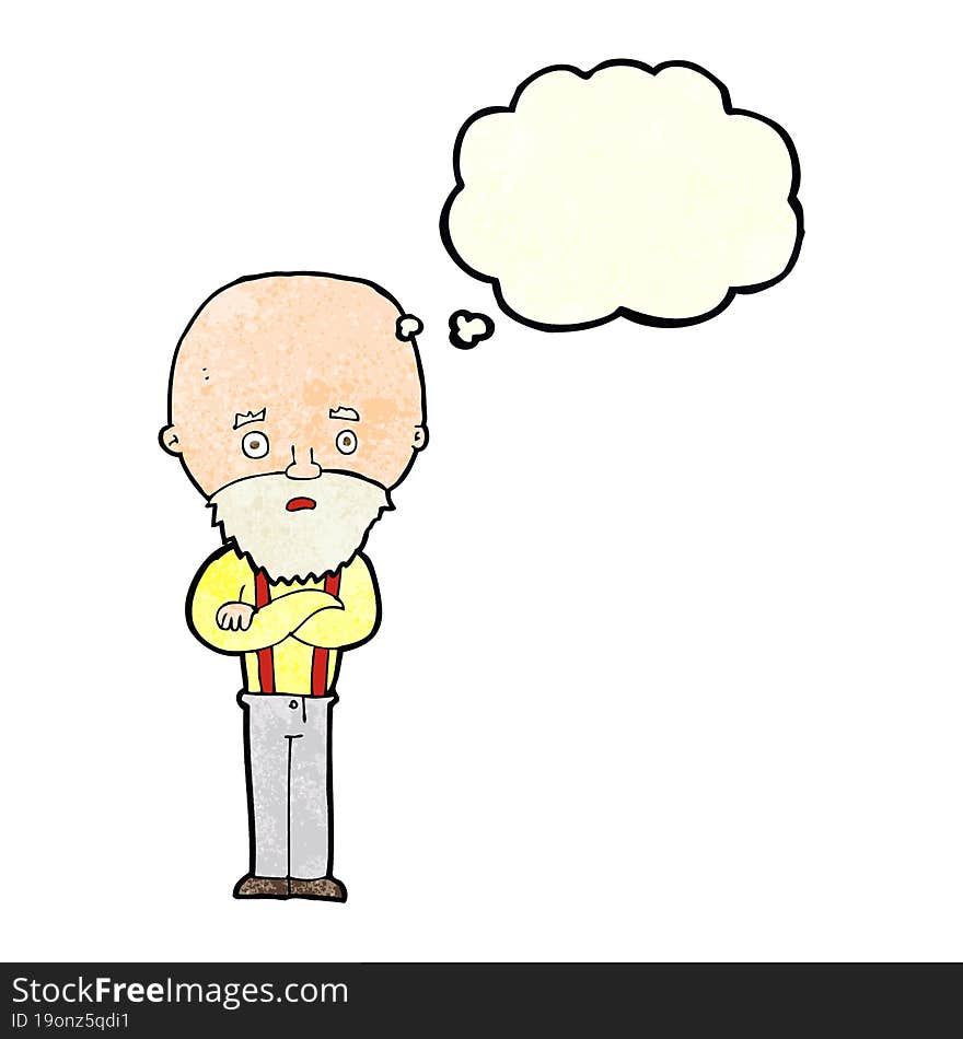 cartoon worried old man with thought bubble