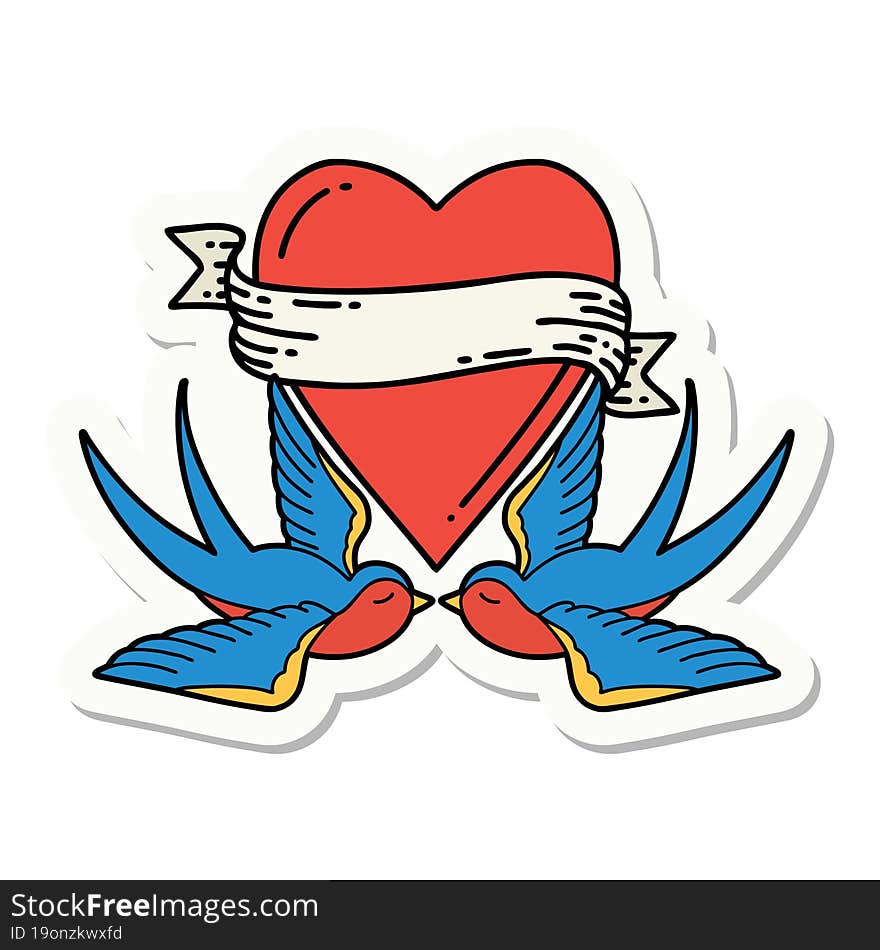 tattoo style sticker of a swallows and a heart with banner