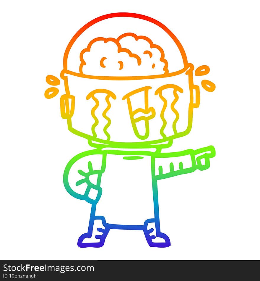 rainbow gradient line drawing cartoon crying robot pointing