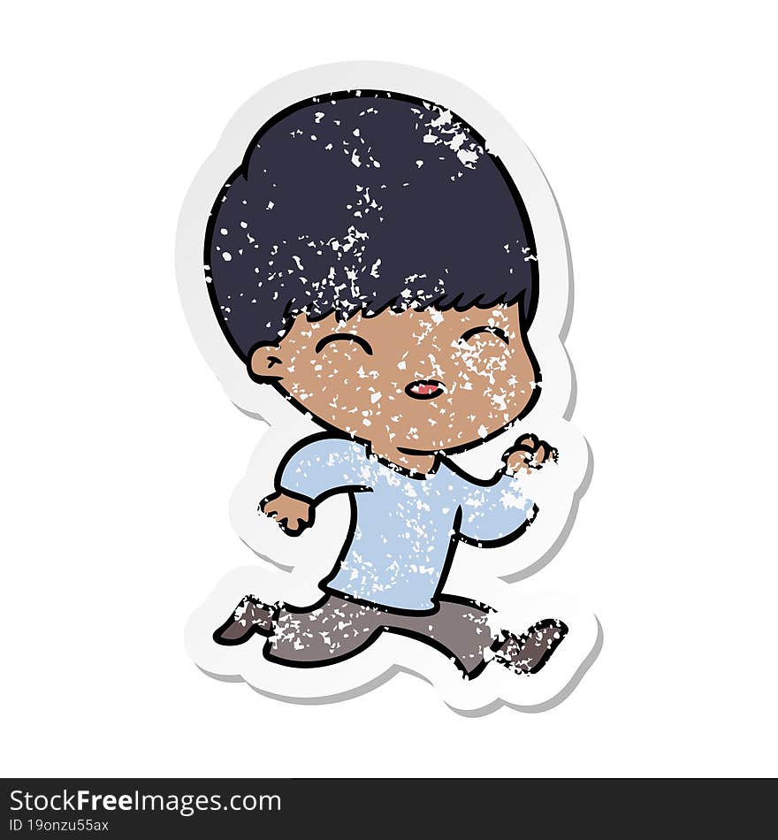 distressed sticker of a happy cartoon boy