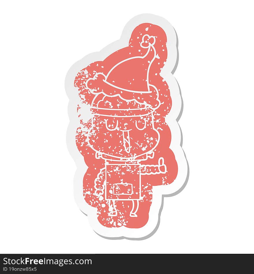 happy cartoon distressed sticker of a robot wearing santa hat