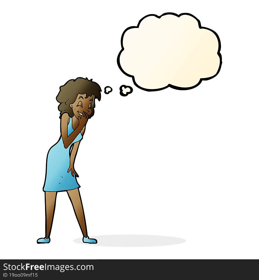 cartoon woman laughing with thought bubble