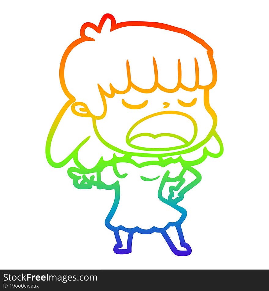 rainbow gradient line drawing cartoon woman talking loudly