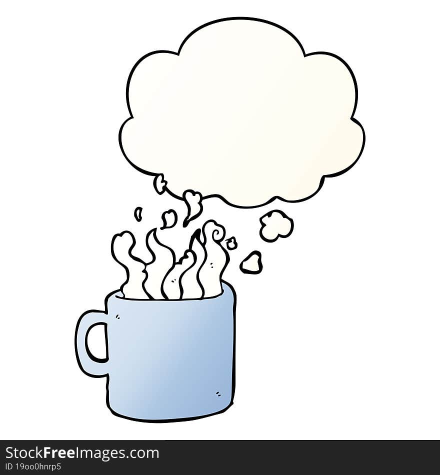 cartoon hot cup of coffee and thought bubble in smooth gradient style