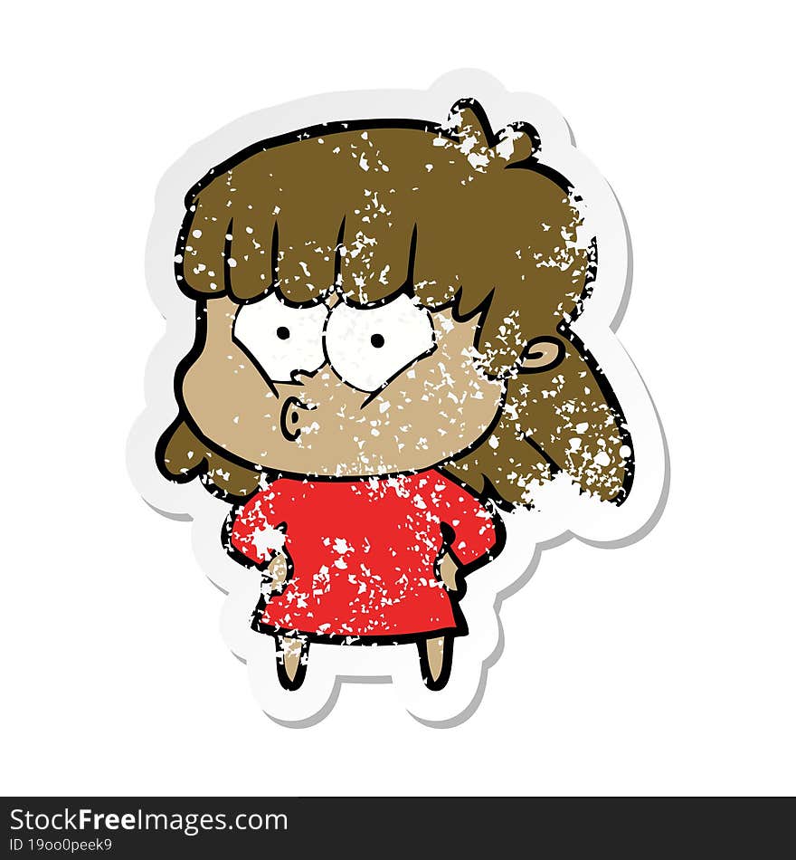 distressed sticker of a cartoon whistling girl