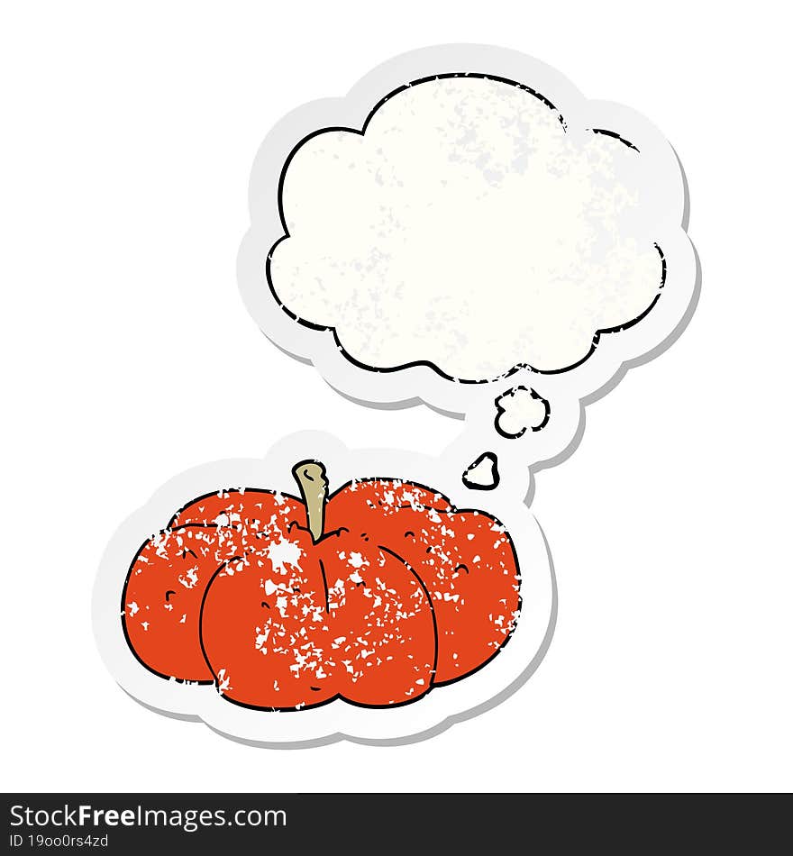 cartoon pumpkin with thought bubble as a distressed worn sticker