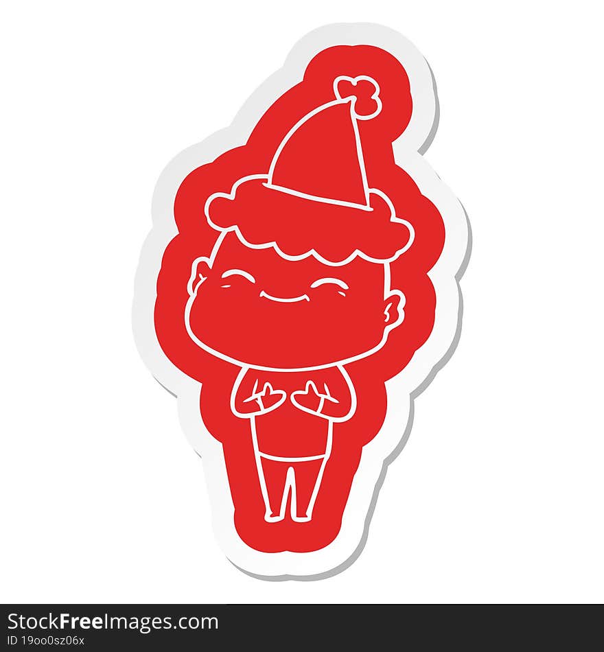 happy cartoon  sticker of a bald man wearing santa hat