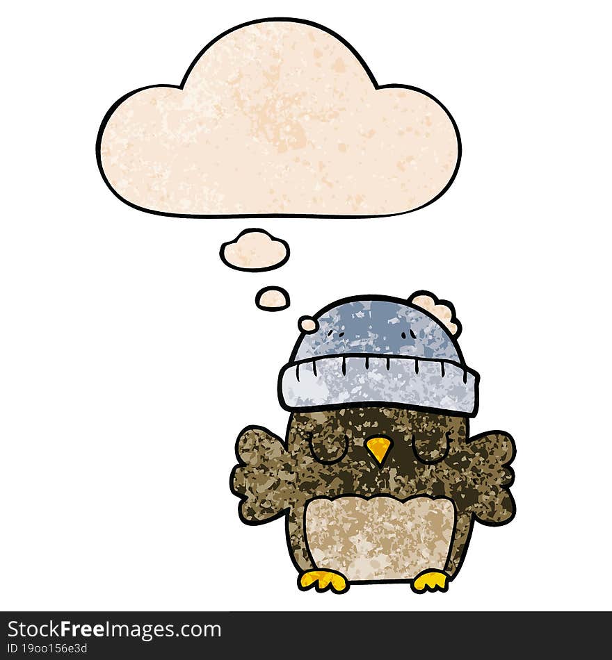 cute cartoon owl in hat and thought bubble in grunge texture pattern style