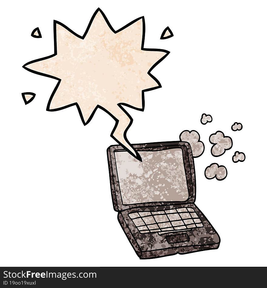 cartoon laptop computer with speech bubble in retro texture style