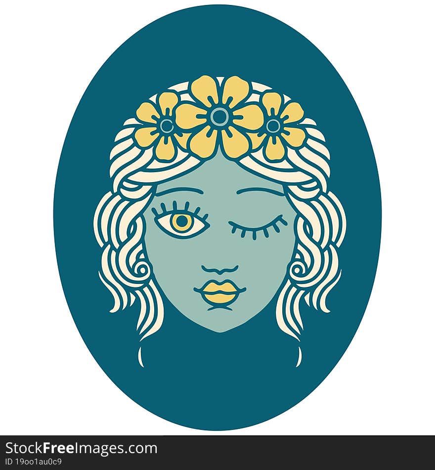 tattoo style icon of a maiden with crown of flowers winking