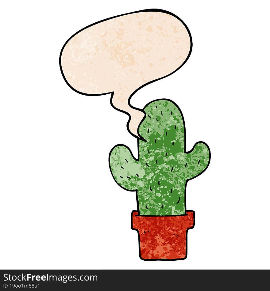 cartoon cactus and speech bubble in retro texture style