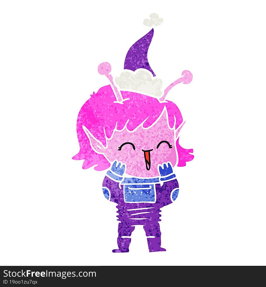 retro cartoon of a alien girl giggling wearing santa hat