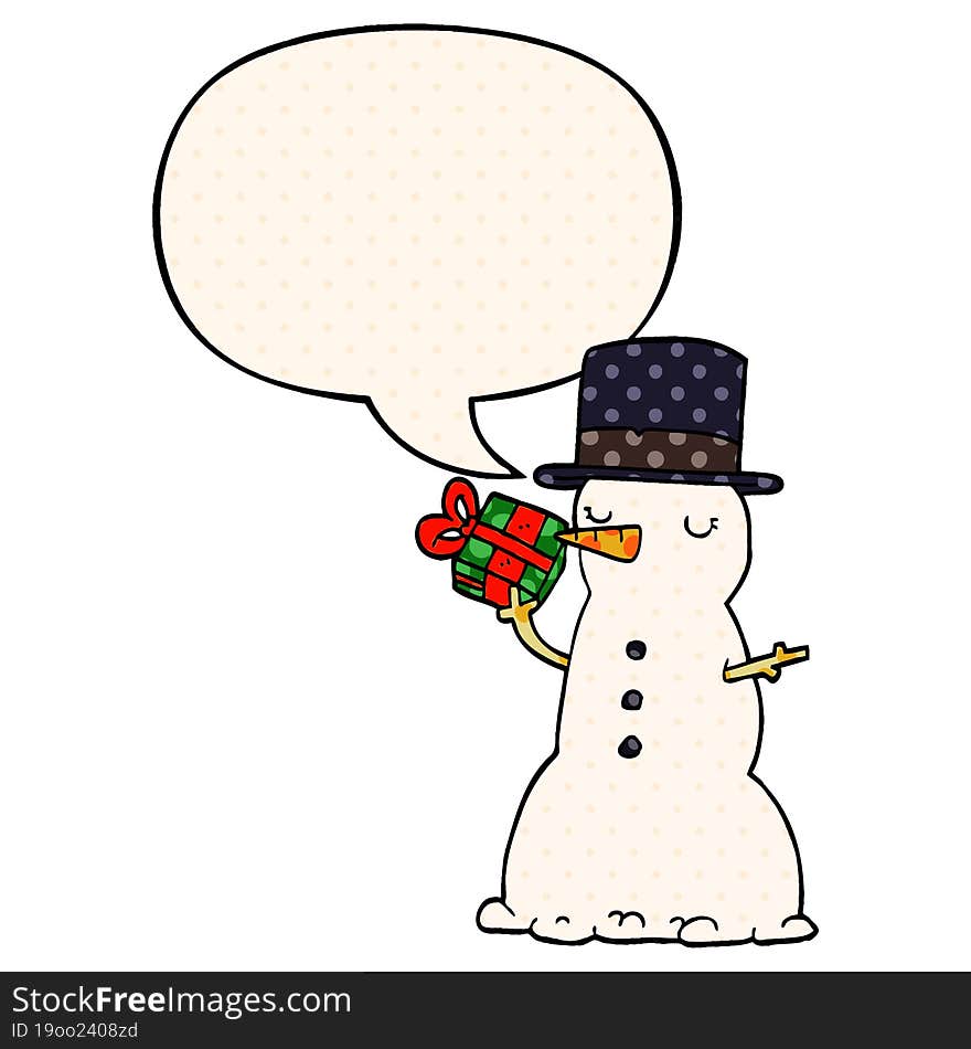 Cartoon Snowman And Speech Bubble In Comic Book Style