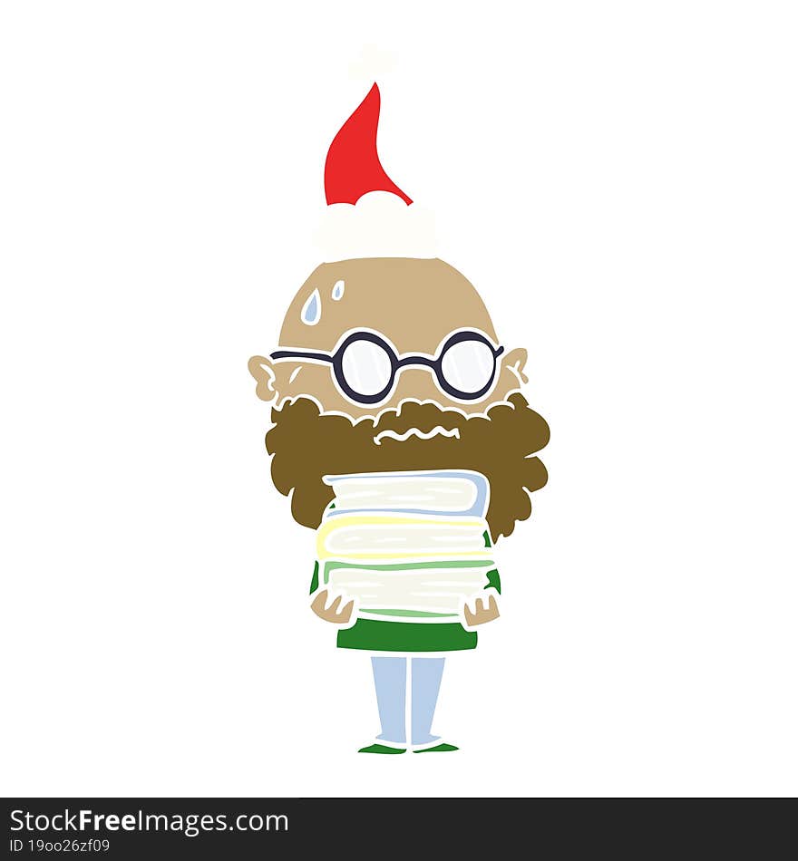 Flat Color Illustration Of A Worried Man With Beard And Stack Of Books Wearing Santa Hat