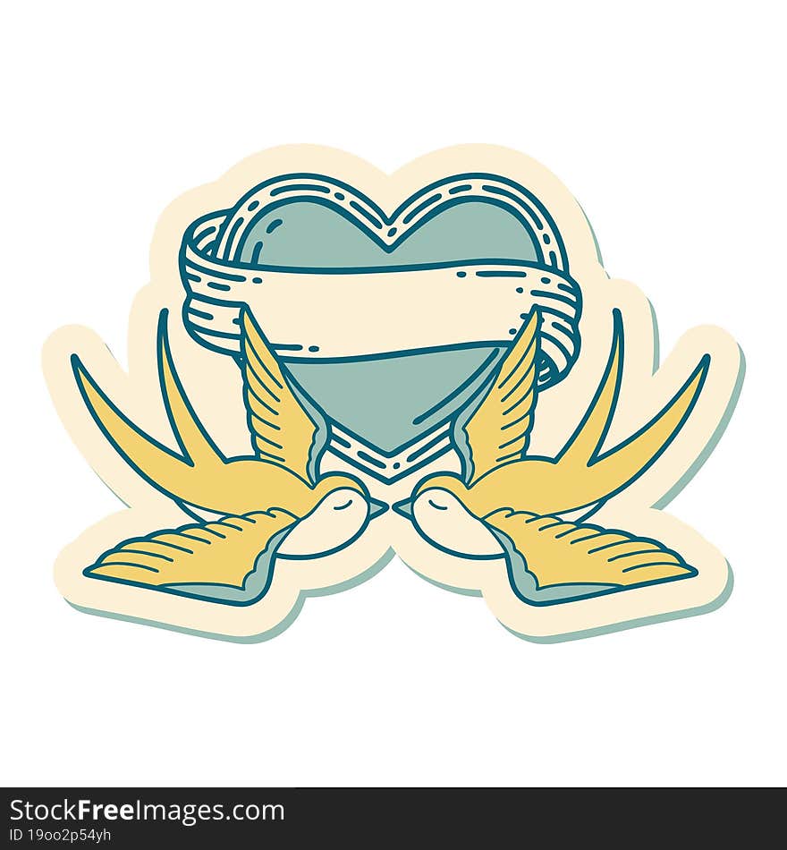 sticker of tattoo in traditional style of swallows and a heart with banner. sticker of tattoo in traditional style of swallows and a heart with banner